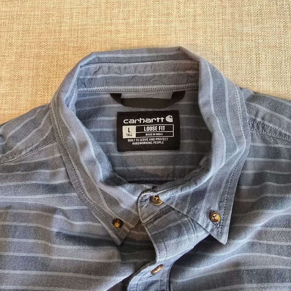 Carhartt Mens Blue Striped Short Sleeve Button Down Shirt Loose Fit L Tall
